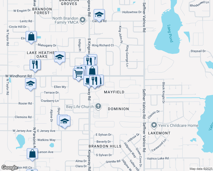 map of restaurants, bars, coffee shops, grocery stores, and more near 716 Chilt Drive in Brandon