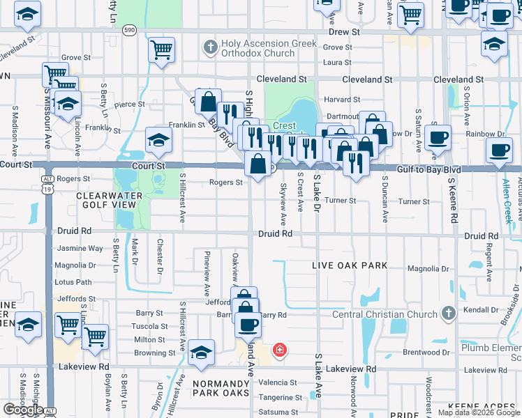 map of restaurants, bars, coffee shops, grocery stores, and more near 610 South Glenwood Avenue in Clearwater