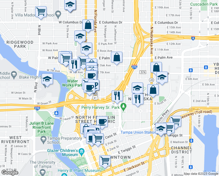 map of restaurants, bars, coffee shops, grocery stores, and more near 1531 North Morgan Street in Tampa