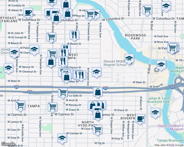 map of restaurants, bars, coffee shops, grocery stores, and more near 1716 West Chestnut Street in Tampa
