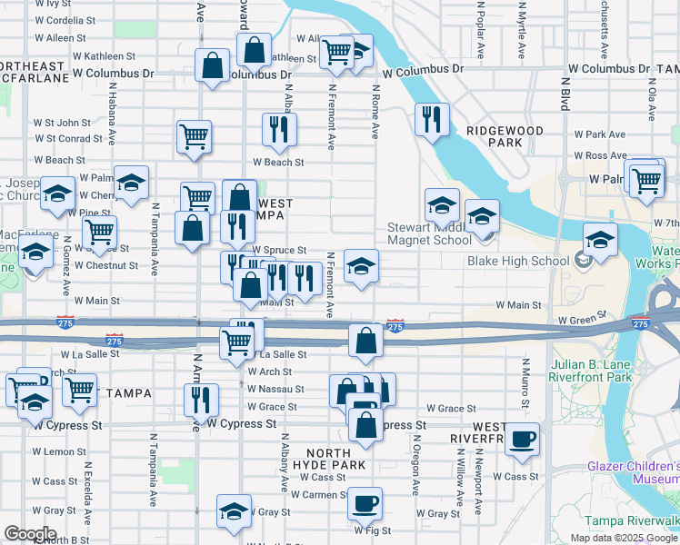 map of restaurants, bars, coffee shops, grocery stores, and more near 1814 North Fremont Avenue in Tampa