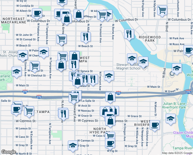map of restaurants, bars, coffee shops, grocery stores, and more near 1814 North Fremont Avenue in Tampa