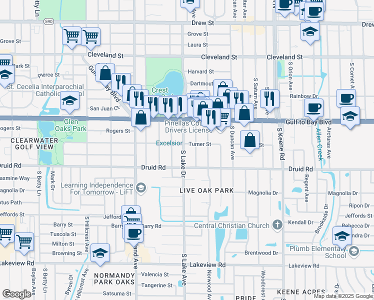 map of restaurants, bars, coffee shops, grocery stores, and more near 1567 Turner Street in Clearwater