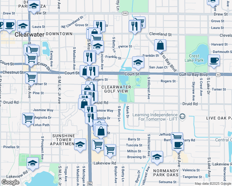 map of restaurants, bars, coffee shops, grocery stores, and more near 610 South Betty Lane in Clearwater