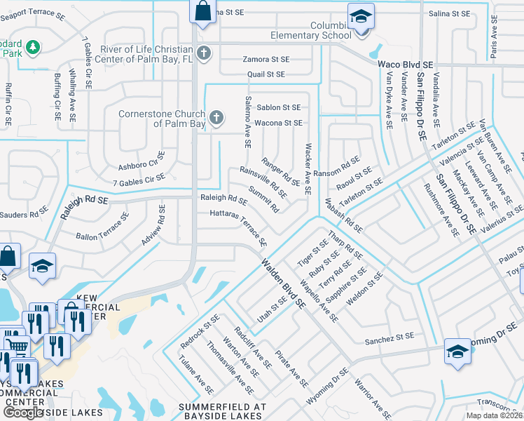 map of restaurants, bars, coffee shops, grocery stores, and more near 963 Raleigh Road Southeast in Palm Bay