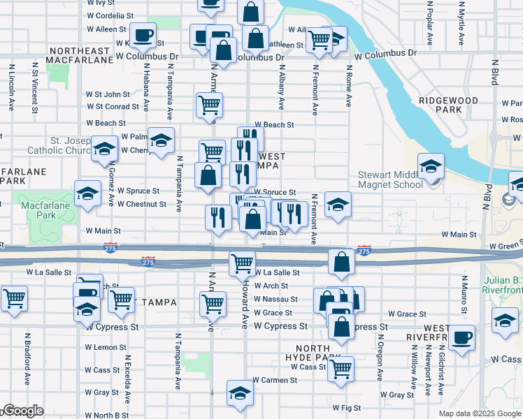 map of restaurants, bars, coffee shops, grocery stores, and more near 2126 West Chestnut Street in Tampa