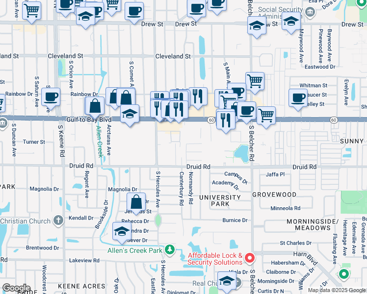 map of restaurants, bars, coffee shops, grocery stores, and more near 678 Druid Park Drive West in Clearwater