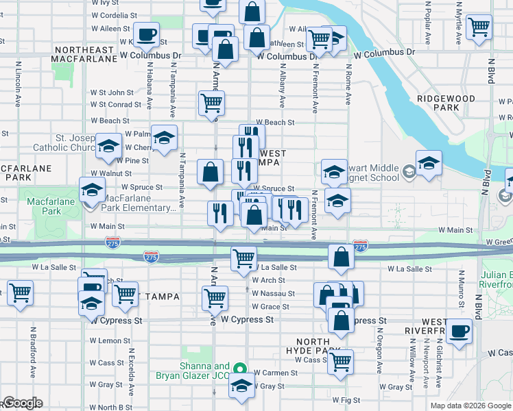 map of restaurants, bars, coffee shops, grocery stores, and more near 2126 West Chestnut Street in Tampa