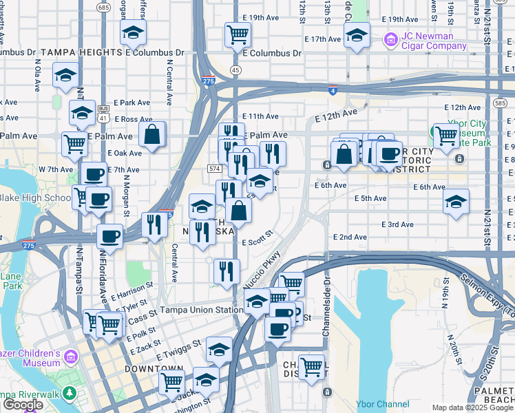 map of restaurants, bars, coffee shops, grocery stores, and more near 1407 East Estelle Street in Tampa