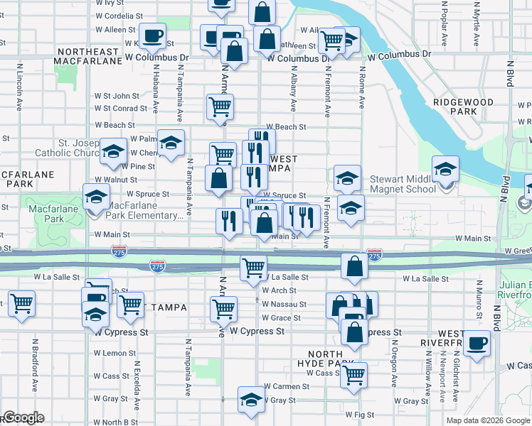 map of restaurants, bars, coffee shops, grocery stores, and more near 2140 West Chestnut Street in Tampa