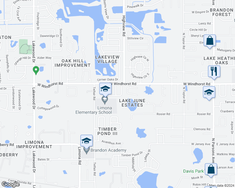 map of restaurants, bars, coffee shops, grocery stores, and more near 1201 Windy Hill Drive in Brandon