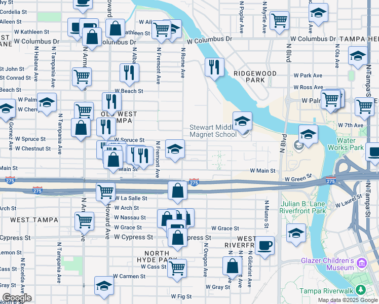 map of restaurants, bars, coffee shops, grocery stores, and more near 1542 Chestnut Street in Tampa