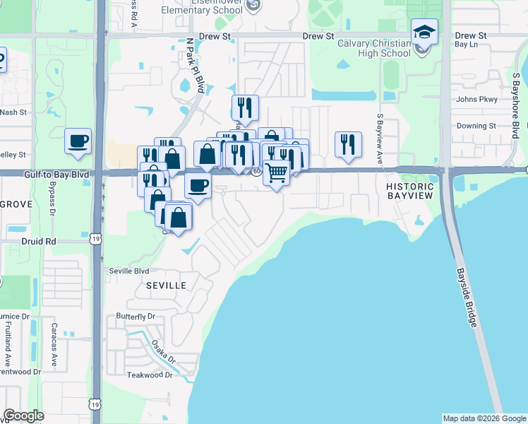 map of restaurants, bars, coffee shops, grocery stores, and more near 2855 Gulf to Bay Boulevard in Clearwater