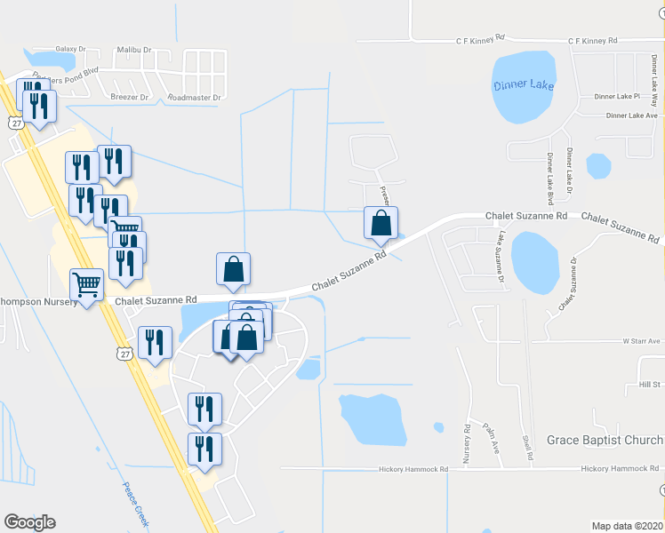 map of restaurants, bars, coffee shops, grocery stores, and more near 1030 Chalet Suzanne Road in Lake Wales