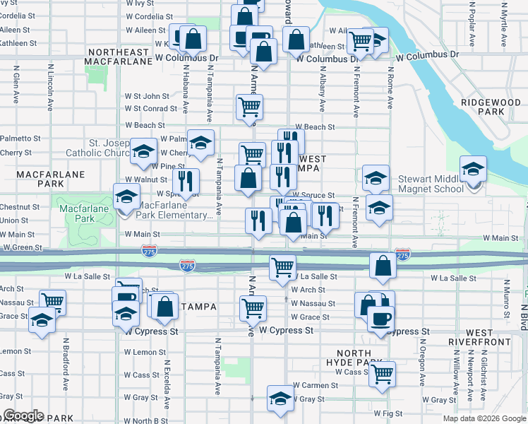 map of restaurants, bars, coffee shops, grocery stores, and more near 2406 West Chestnut Street in Tampa