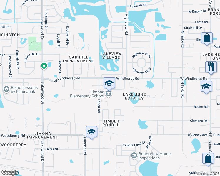 map of restaurants, bars, coffee shops, grocery stores, and more near 1212 Windsor Circle in Brandon