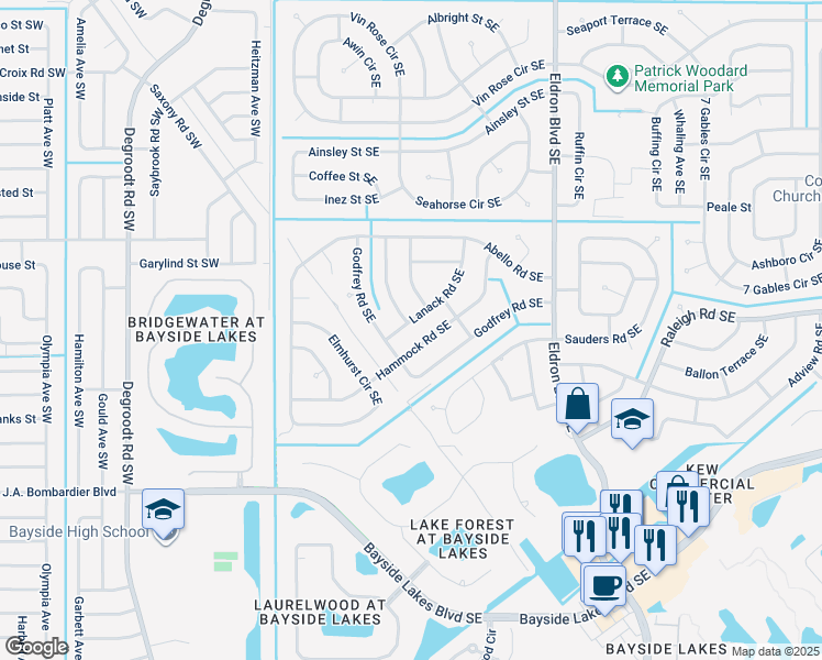 map of restaurants, bars, coffee shops, grocery stores, and more near 230 Lanack Road Southeast in Palm Bay