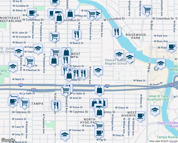 map of restaurants, bars, coffee shops, grocery stores, and more near 1814 North Fremont Avenue in Tampa