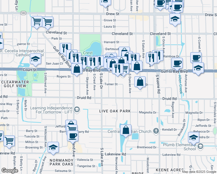 map of restaurants, bars, coffee shops, grocery stores, and more near 608 Yelvington Avenue in Clearwater