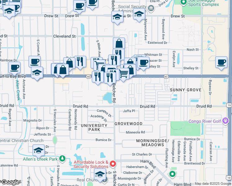 map of restaurants, bars, coffee shops, grocery stores, and more near 555 South Belcher Road in Largo