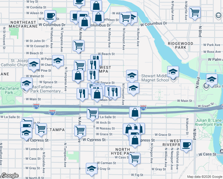 map of restaurants, bars, coffee shops, grocery stores, and more near 1942 West Chestnut Street in Tampa