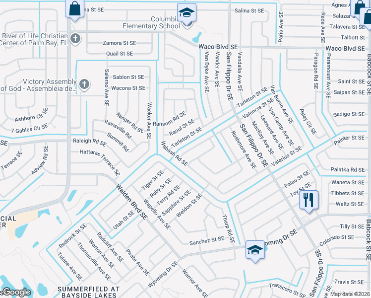 map of restaurants, bars, coffee shops, grocery stores, and more near 1131 Valencia St SE in Palm Bay
