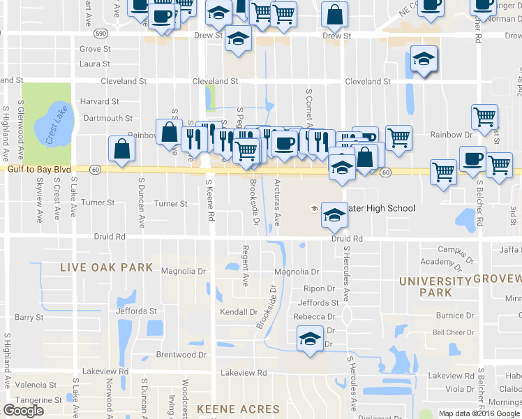 map of restaurants, bars, coffee shops, grocery stores, and more near 609 Brookside Drive in Clearwater