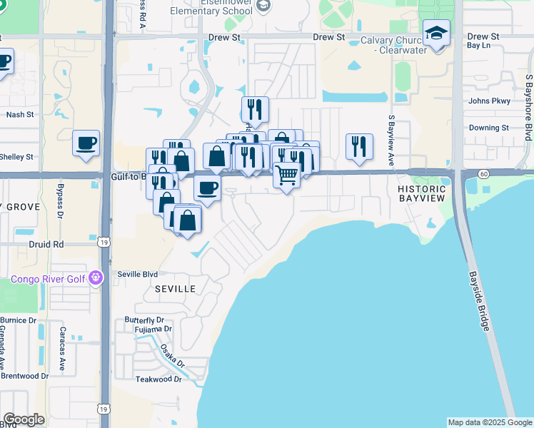 map of restaurants, bars, coffee shops, grocery stores, and more near 41 Loving Lane in Clearwater
