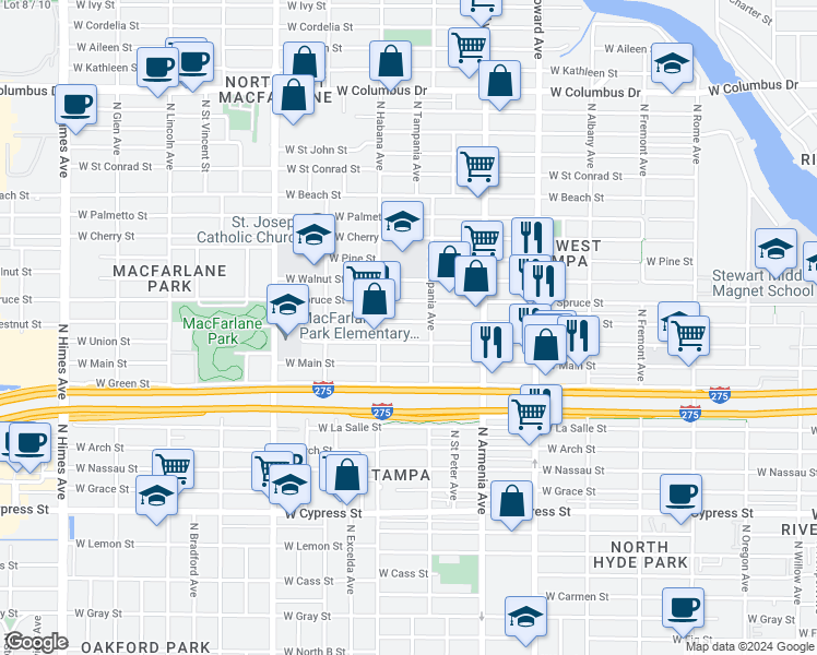map of restaurants, bars, coffee shops, grocery stores, and more near 2722 West Chestnut Street in Tampa