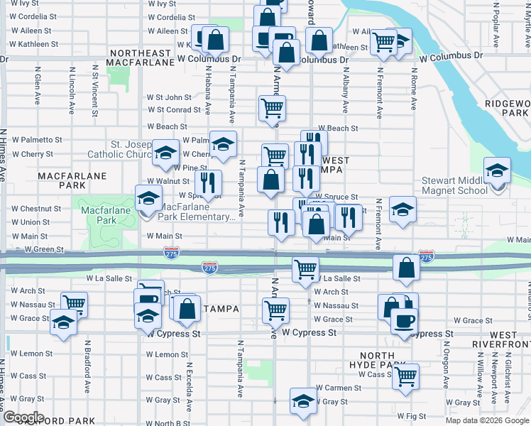 map of restaurants, bars, coffee shops, grocery stores, and more near 2406 West Chestnut Street in Tampa