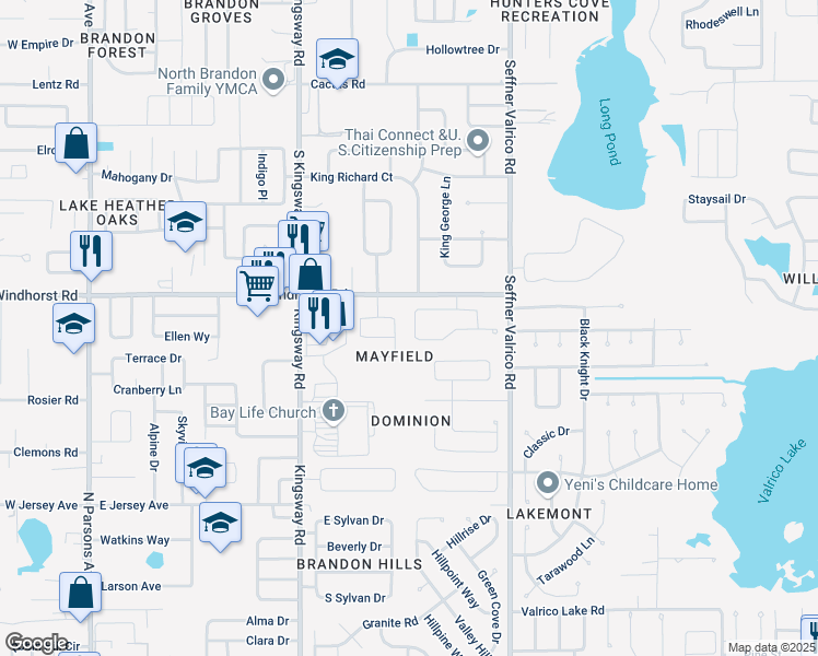 map of restaurants, bars, coffee shops, grocery stores, and more near 837 Greenbelt Circle in Brandon