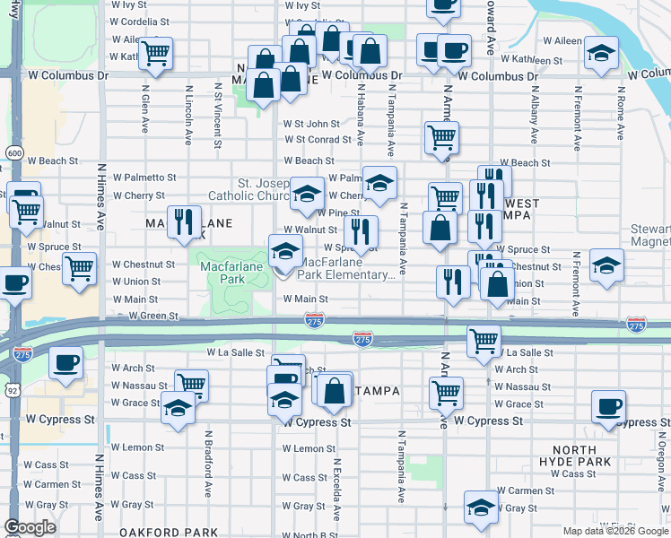 map of restaurants, bars, coffee shops, grocery stores, and more near 2934 West Chestnut Street in Tampa