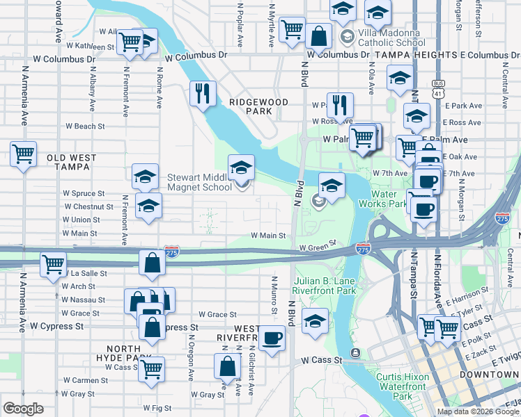 map of restaurants, bars, coffee shops, grocery stores, and more near 956 West Chestnut Street in Tampa