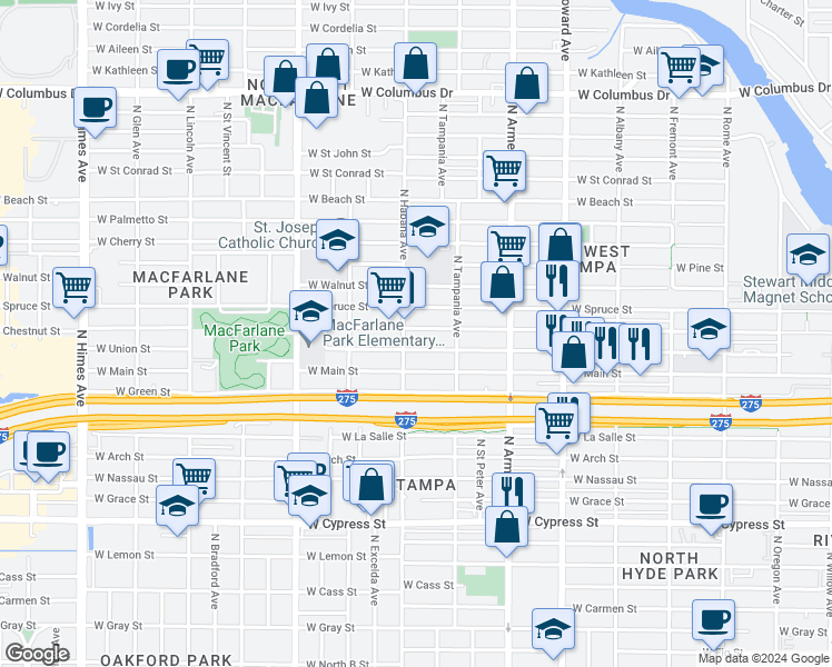 map of restaurants, bars, coffee shops, grocery stores, and more near 2722 West Chestnut Street in Tampa