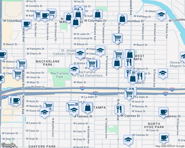 map of restaurants, bars, coffee shops, grocery stores, and more near 2906 West Chestnut Street in Tampa