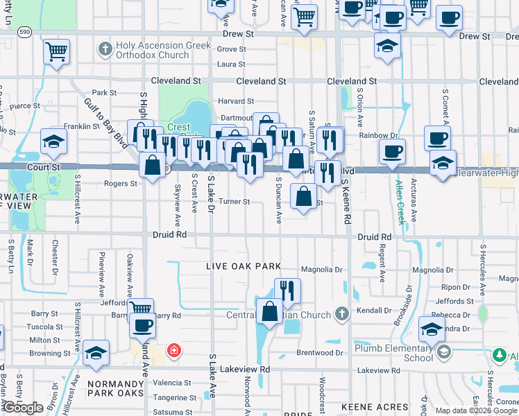 map of restaurants, bars, coffee shops, grocery stores, and more near 609 South Keystone Avenue in Clearwater