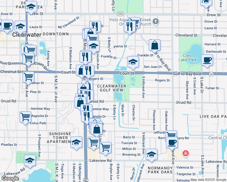 map of restaurants, bars, coffee shops, grocery stores, and more near 610 South Betty Lane in Clearwater