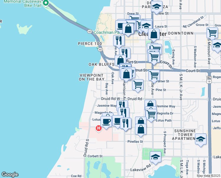 map of restaurants, bars, coffee shops, grocery stores, and more near 613 Oak Avenue in Clearwater