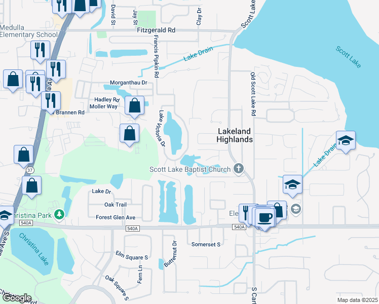 map of restaurants, bars, coffee shops, grocery stores, and more near 5792 Lake Victoria Drive in Lakeland