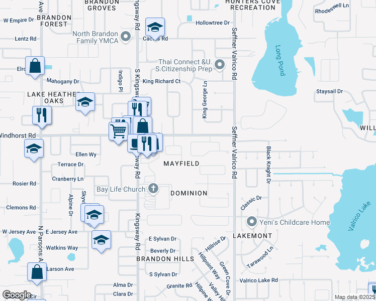 map of restaurants, bars, coffee shops, grocery stores, and more near 837 Greenbelt Circle in Brandon