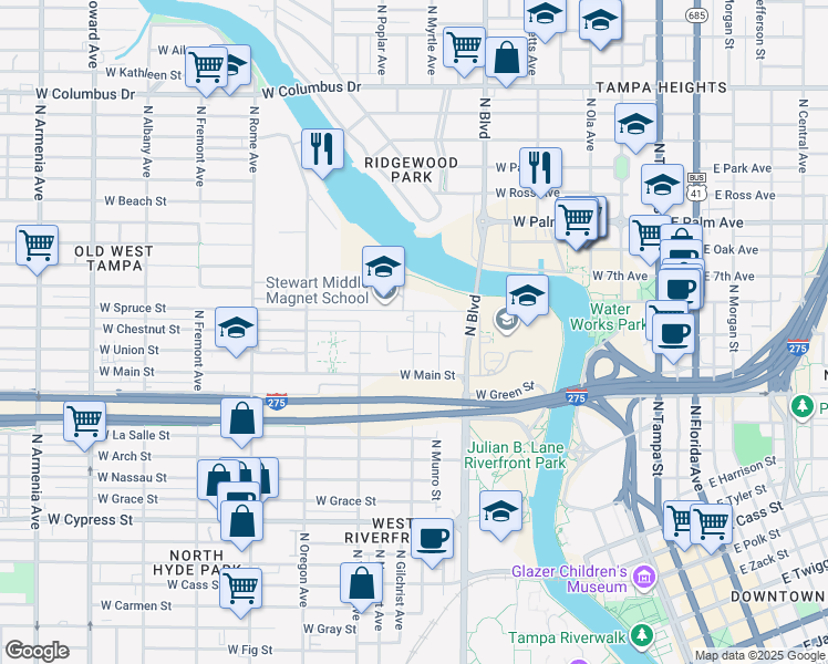 map of restaurants, bars, coffee shops, grocery stores, and more near 956 West Chestnut Street in Tampa