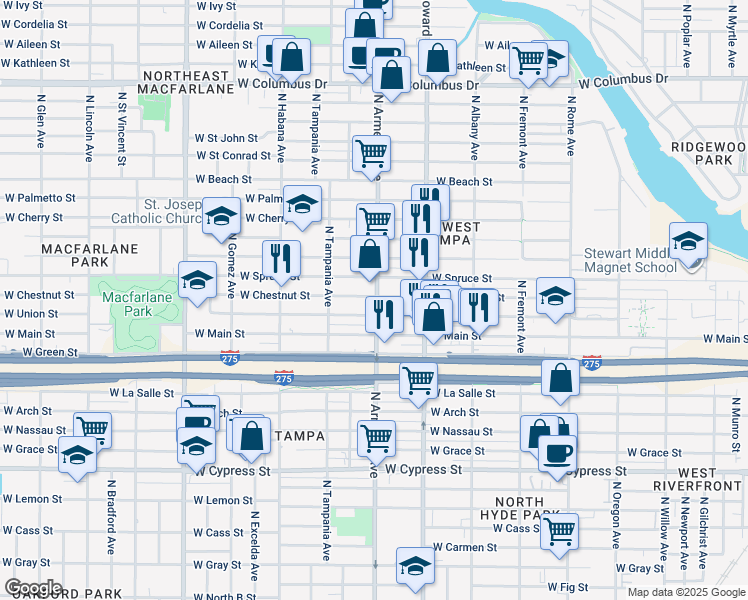 map of restaurants, bars, coffee shops, grocery stores, and more near 2406 West Chestnut Street in Tampa