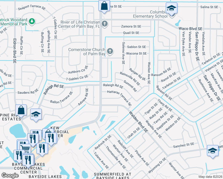 map of restaurants, bars, coffee shops, grocery stores, and more near 919 Hattaras Terrace Southeast in Palm Bay