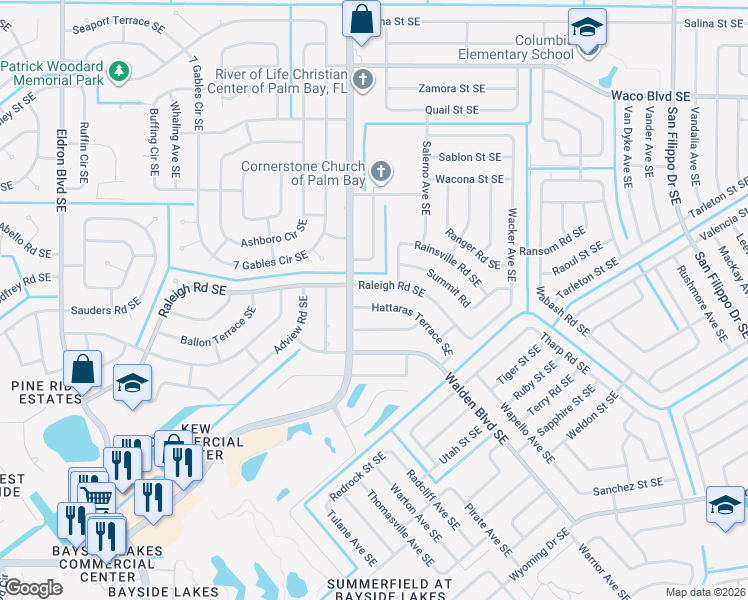 map of restaurants, bars, coffee shops, grocery stores, and more near 919 Hattaras Terrace Southeast in Palm Bay