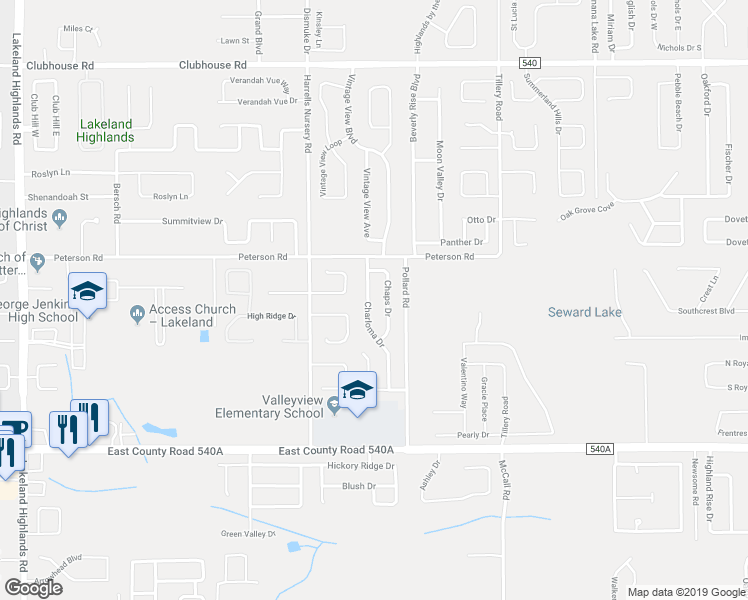 map of restaurants, bars, coffee shops, grocery stores, and more near 5874 Charloma Drive in Lakeland