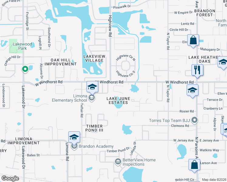 map of restaurants, bars, coffee shops, grocery stores, and more near 714 June Lake Lane in Brandon