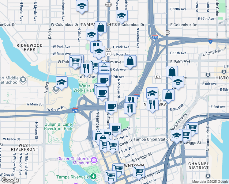 map of restaurants, bars, coffee shops, grocery stores, and more near 1531 North Morgan Street in Tampa