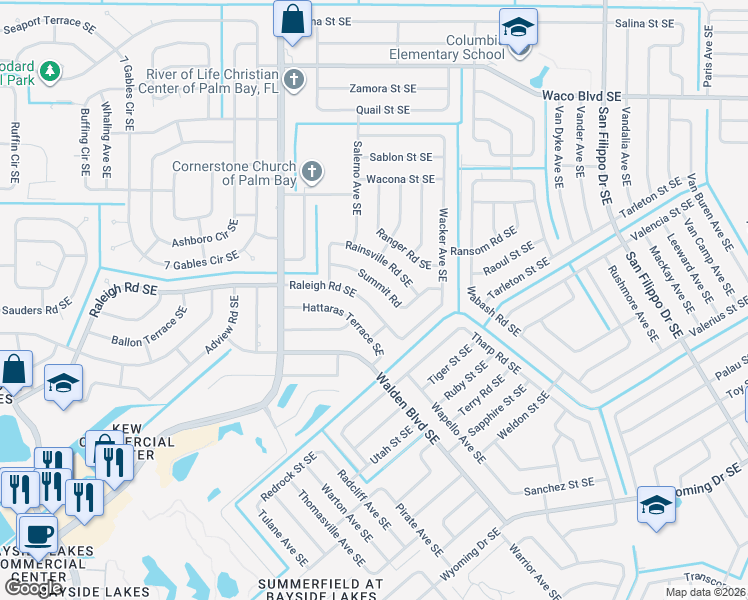 map of restaurants, bars, coffee shops, grocery stores, and more near 963 Raleigh Road Southeast in Palm Bay