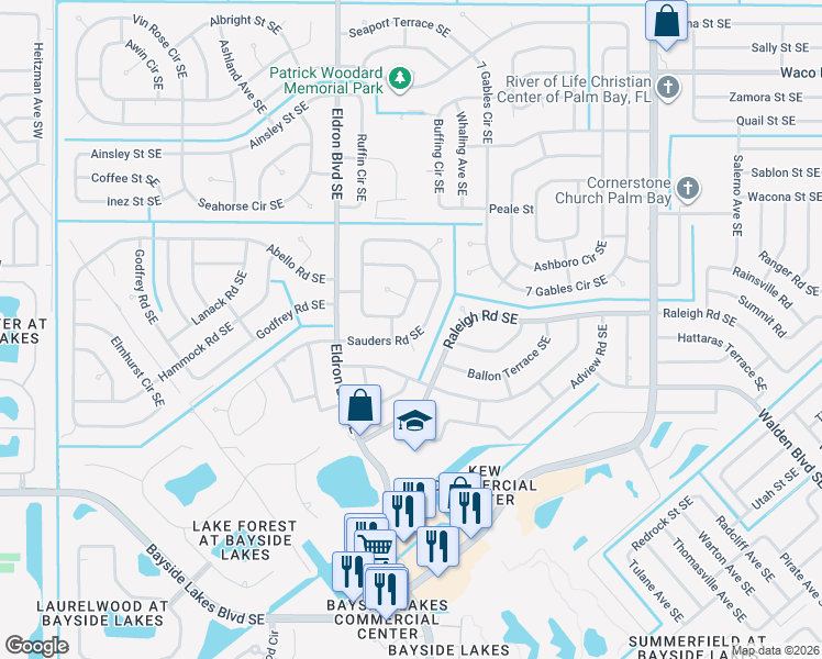 map of restaurants, bars, coffee shops, grocery stores, and more near 483 Sauders Road Southeast in Palm Bay