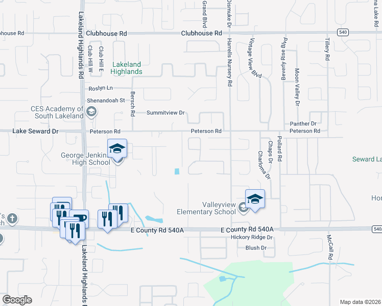 map of restaurants, bars, coffee shops, grocery stores, and more near 5778 High Ridge Loop in Lakeland